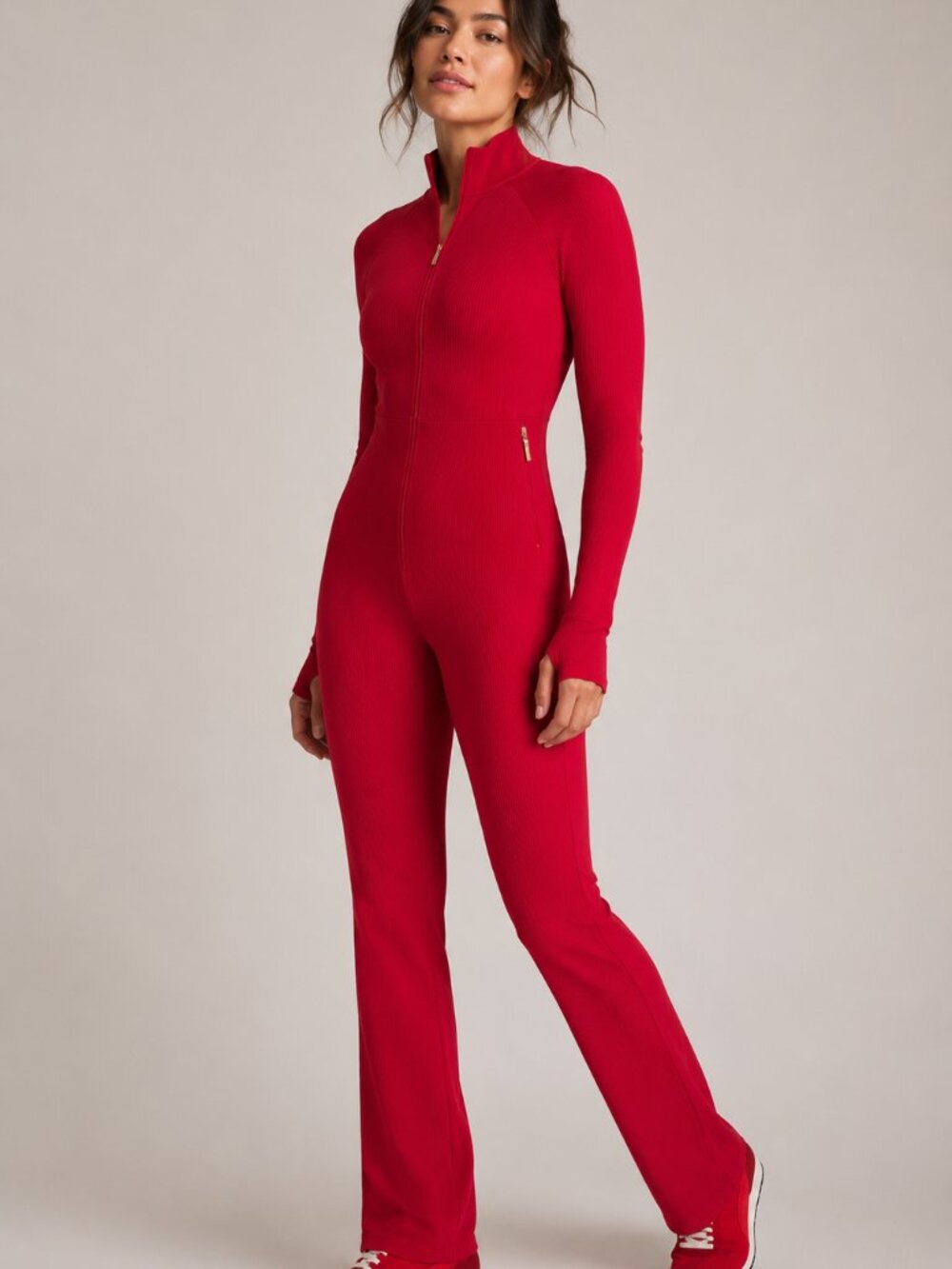 Athleta x Alicia Keys Red Goddess Ribbed Jumpsuit XXS Zip Front